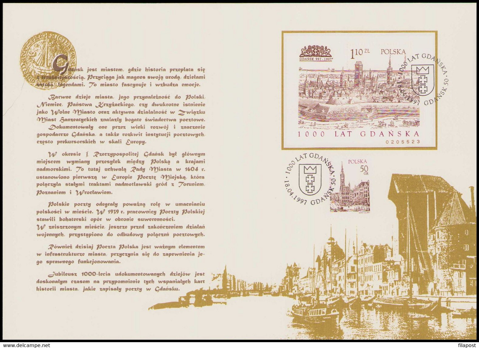 Poland 1997 Folder / Gdansk, City, Town Hall, Architecture, Block Perforated + Stamp With Commemorative Cancellations - Markenheftchen