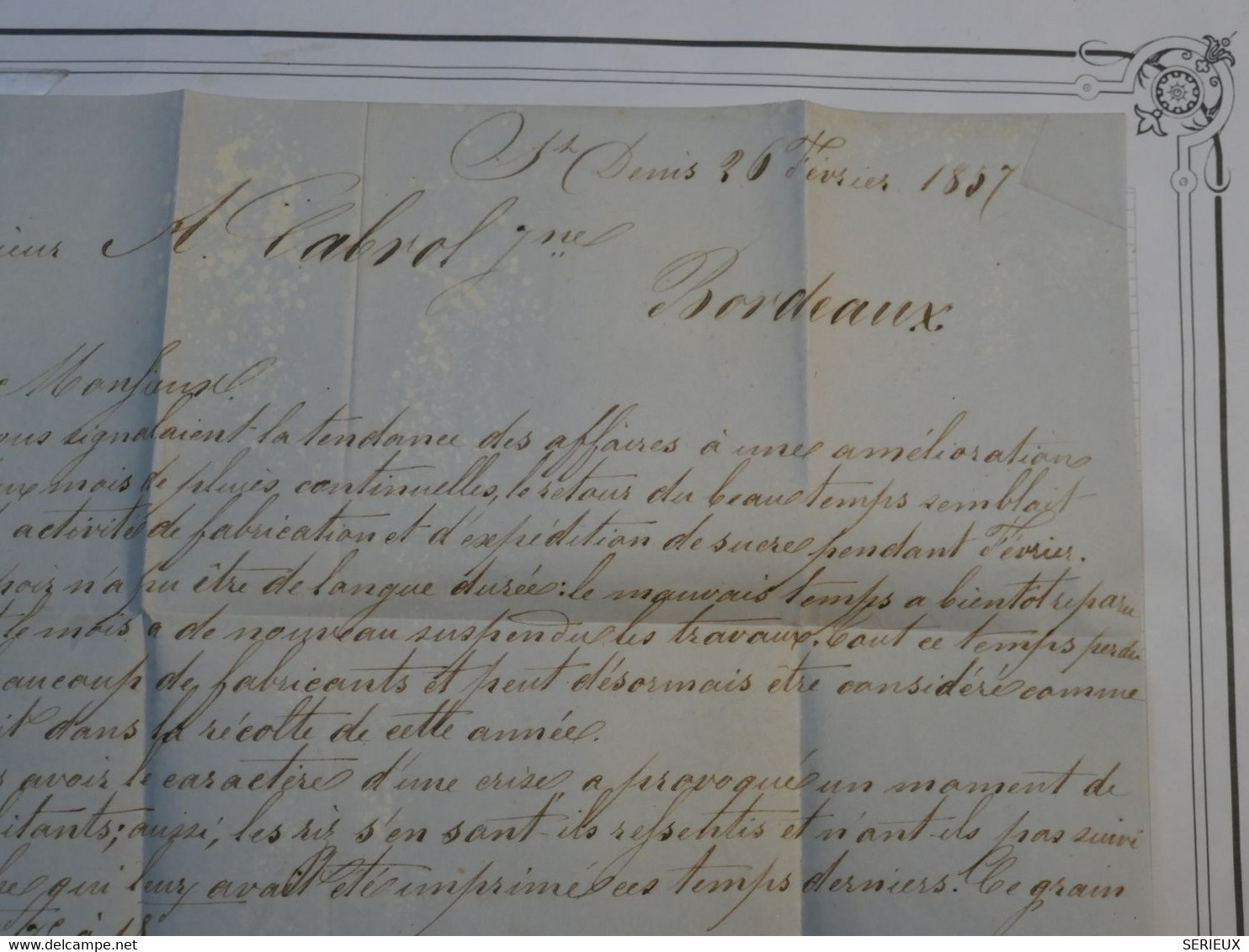 BK 17 ILE DE LA REUNION COLONIE   BELLE LETTRE RARE 1857 ST DENIS A BORDEAUX FRANCE  VIA SUEZ  ++ AFFRANCH.  PLAISANT - Cartas & Documentos