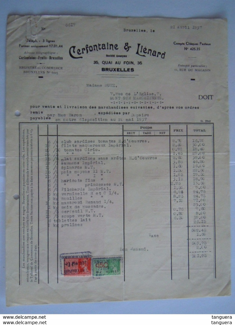 1937 Cerfontaine & Lienard Bruxelles épicerie Machines à Glace Pecrolateurs Et Bains-m Facture Pour Mont S/Marchiennes - Food