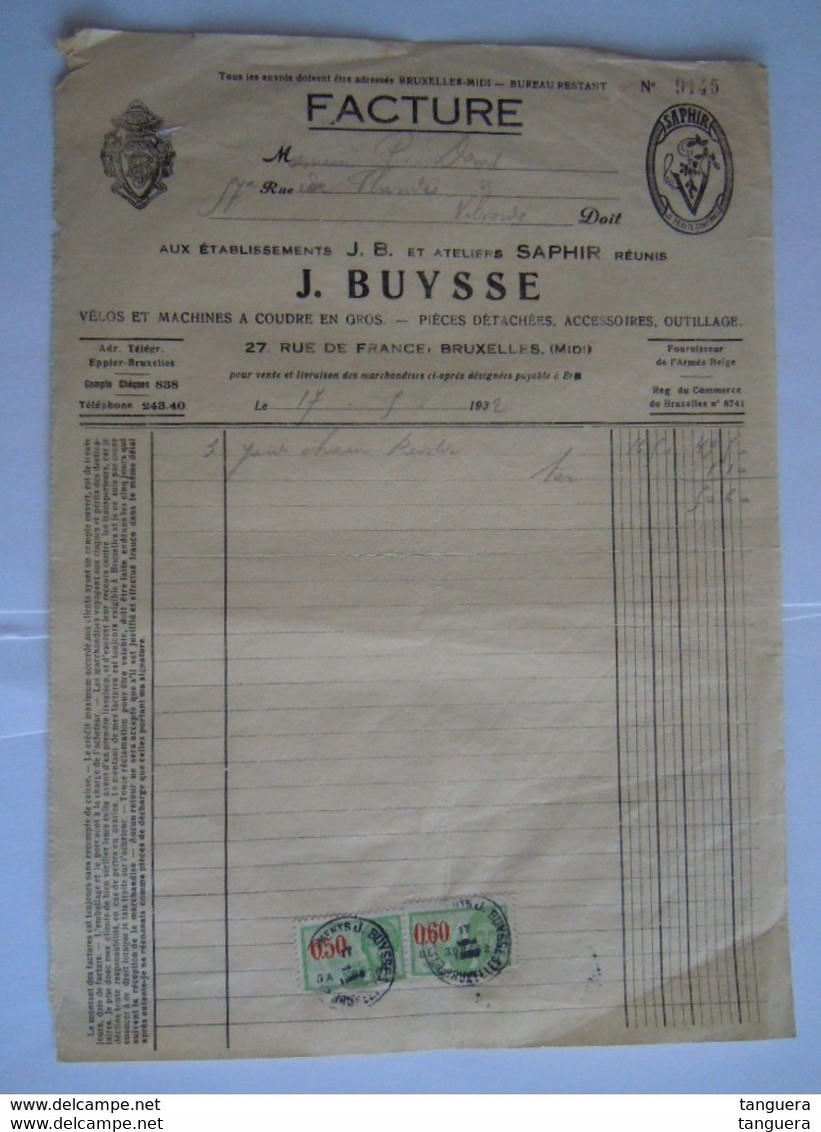 1932 J. Buysse Bruxelles Vélos Et Machines à Coudre En Gros Facture Pour Vilvorde Taxe 1,10 Fr - Transports