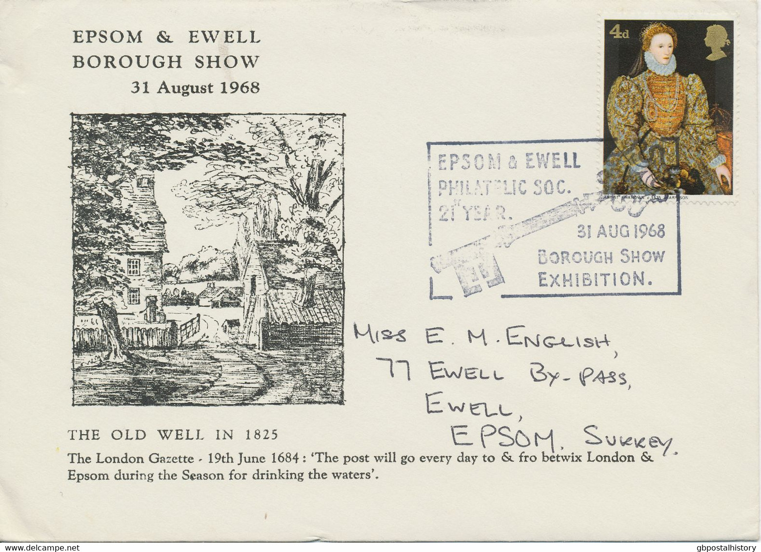 GB SPECIAL EVENT POSTMARKS PHILATELY 1968 Epsom & Ewell Philatelic Society 21th Year Borough Show Exhibition - Covers & Documents