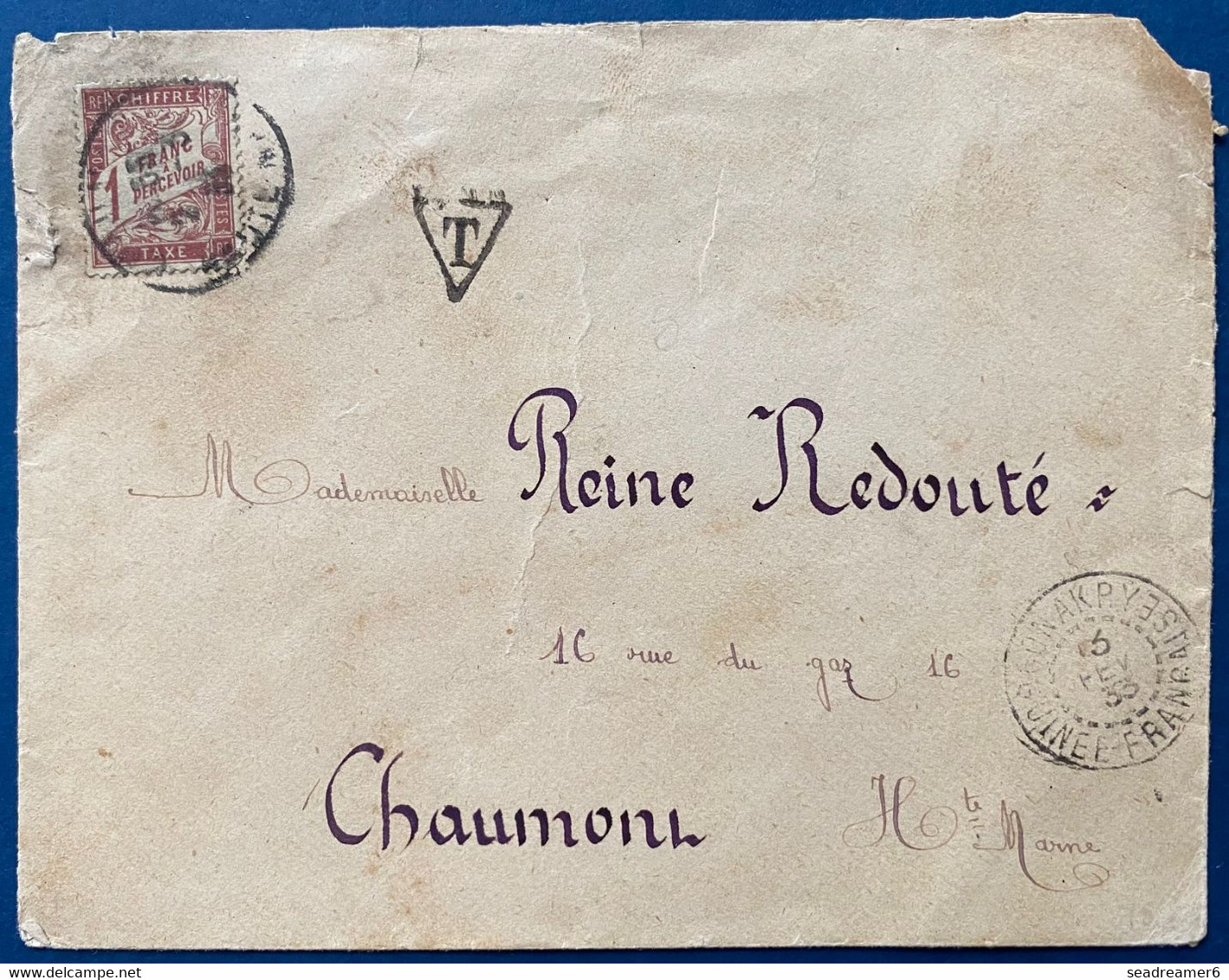 Lettre Guinée Française 1933 Sans Timbre Taxée En Arrivée à 1FR Timbre Taxe Duval N°40 Pour Chaumont TTB - Covers & Documents
