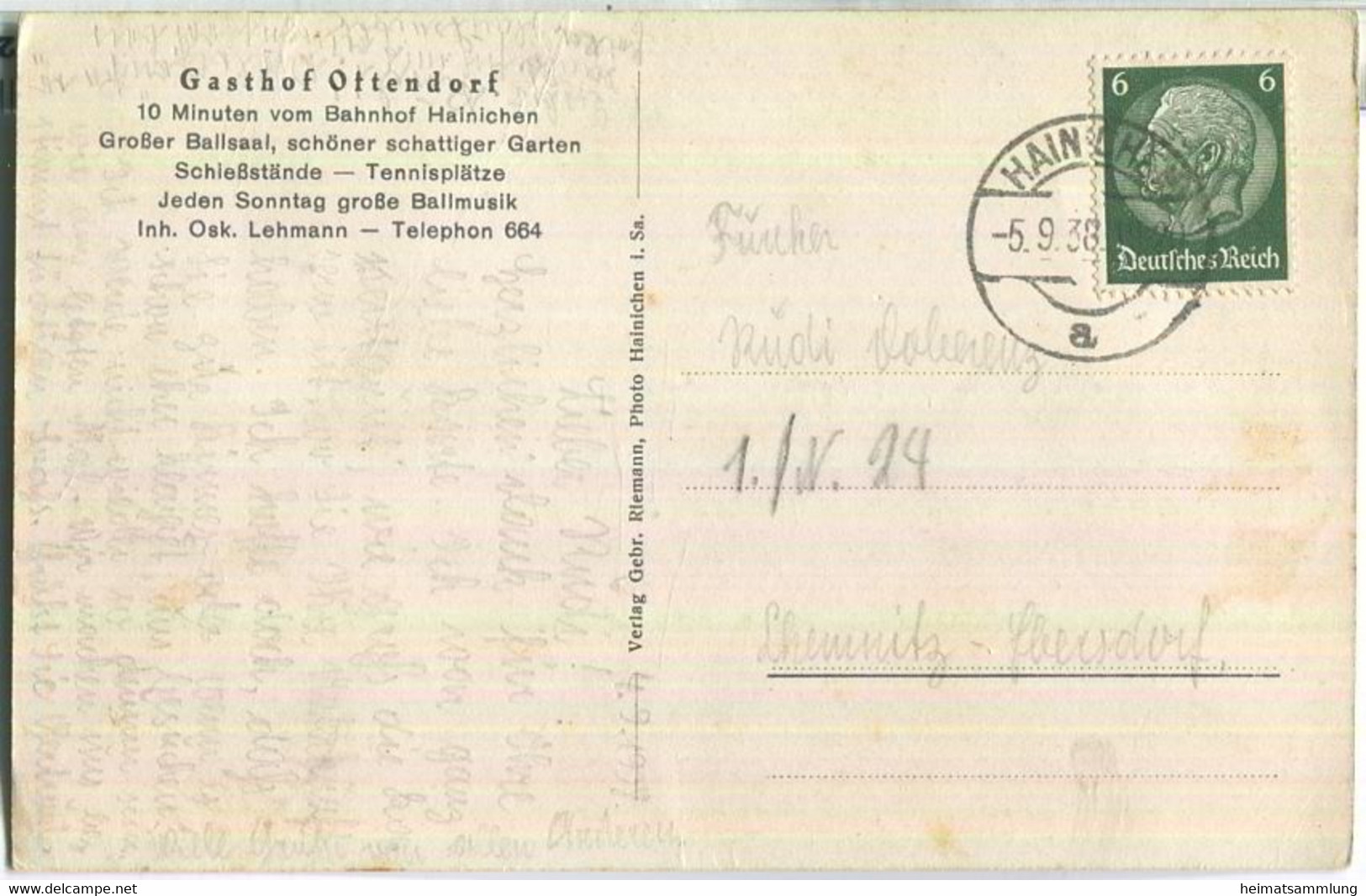 Hainichen - Gasthof Ottendorf - Inhaber Oskar Lehmann - Verlag Gebr. Riemann Hainichen - Hainichen