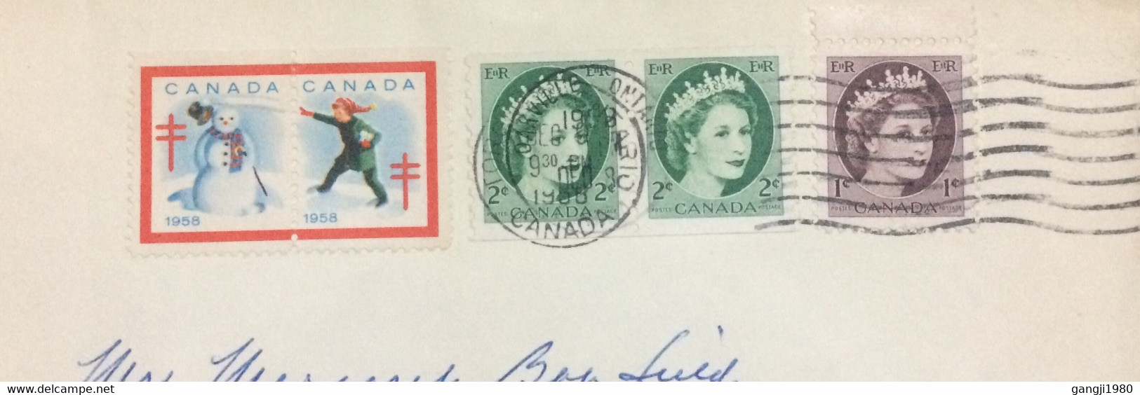 CANADA 1958, COVER USED, VIGNETTE LABEL, CHRISTMAS T.B, SNOWMAN, QUEEN STAMP, OAKVILLE & TORONTO WAVY CITY CANCEL - Briefe U. Dokumente
