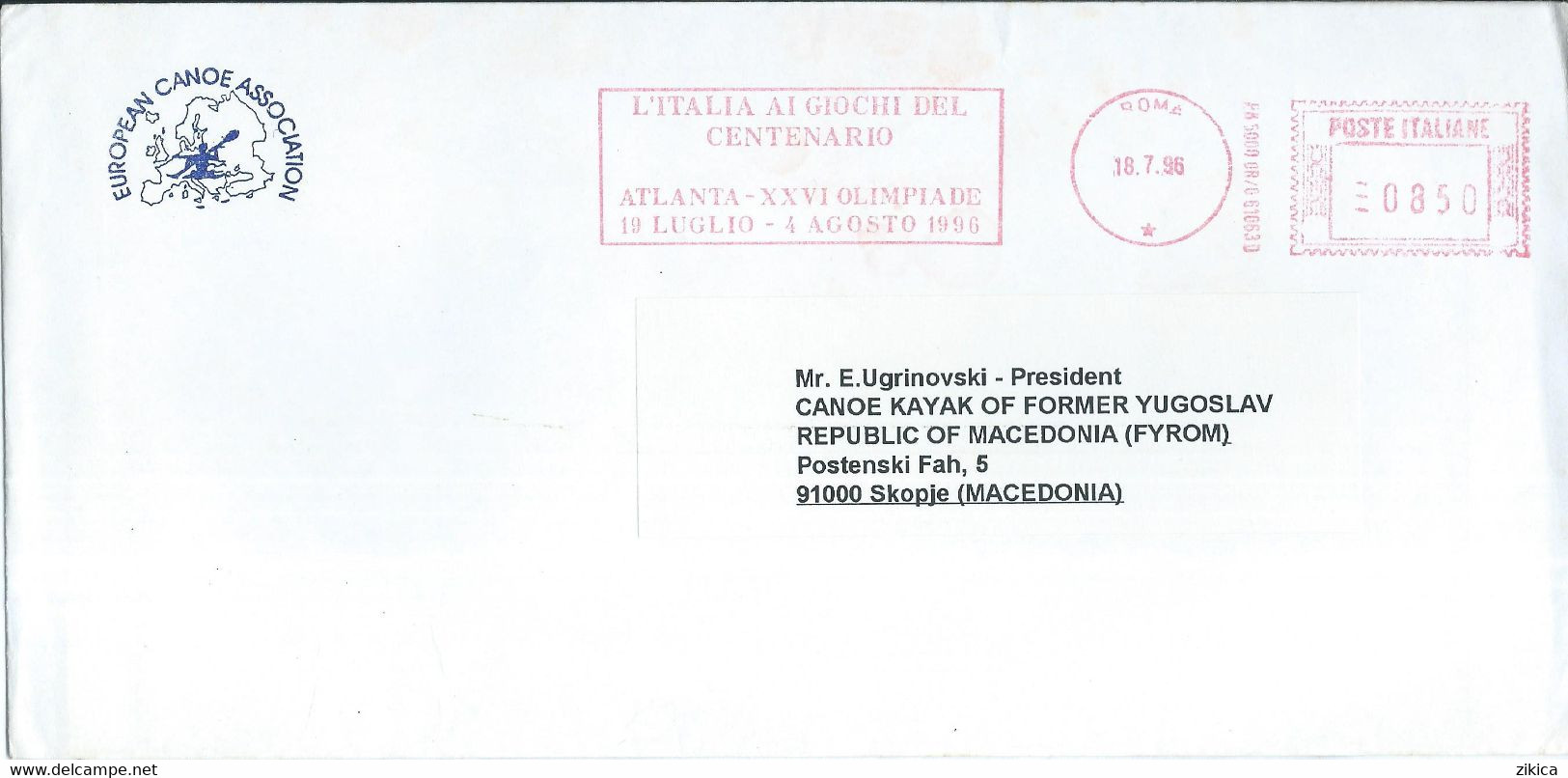 Cover - European Canoe Association ,Italy / Italia,canceled 1996,red Meter Stamp,Olympic Games Atlanta - Kano