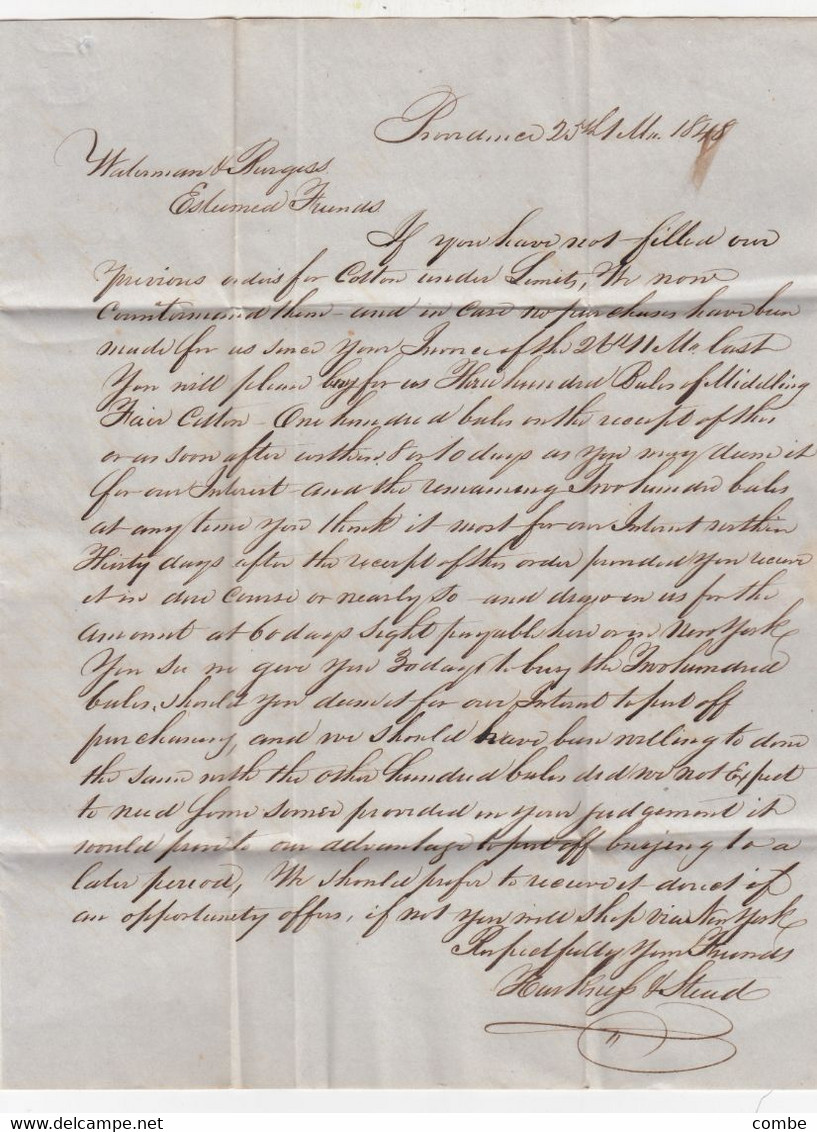 LETTER. 25 JAN 1848. PROVIDENCE. Mrs HARKNEFS & STEAD TO WARTEMAN & BURGESS. NEW OELEANS. POSTAGE 10          /  2 - …-1845 Prefilatelia