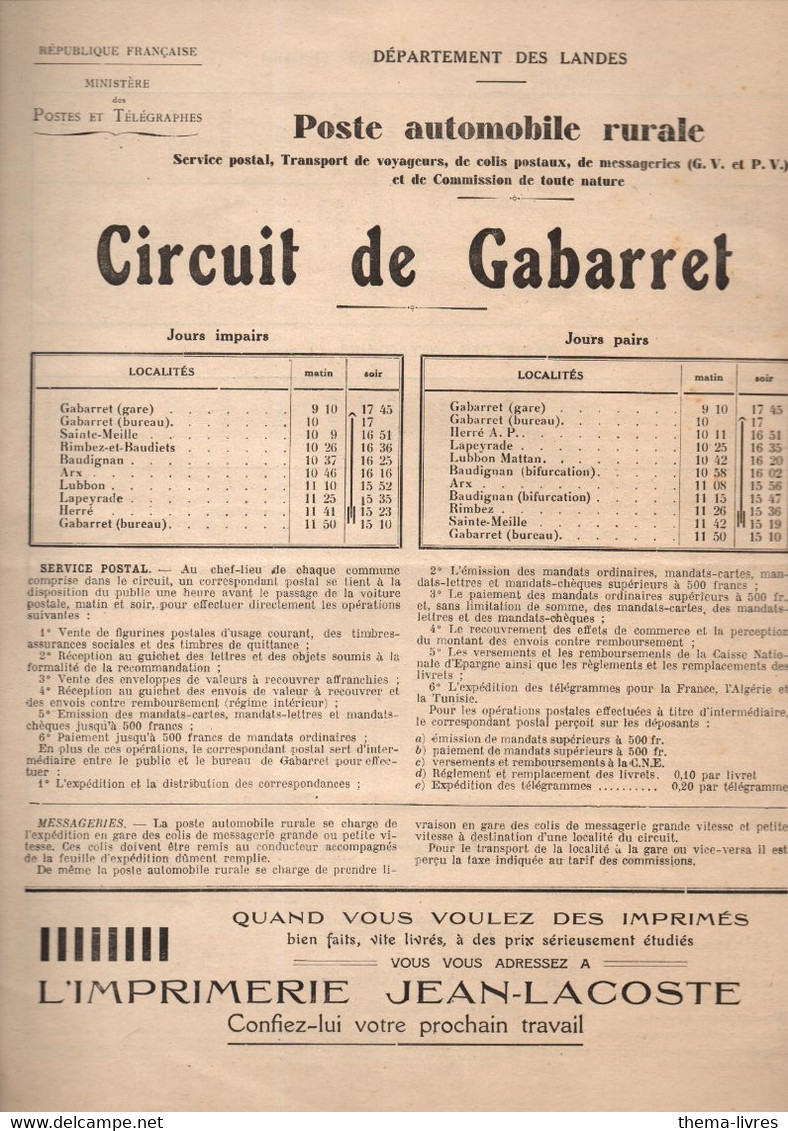 Gabarret (40 ) Horaire  Tarifs Et Service POSTE AUTOMOBILE RURALE (nombreuses Pubs Locales)  (M4884) - Europa