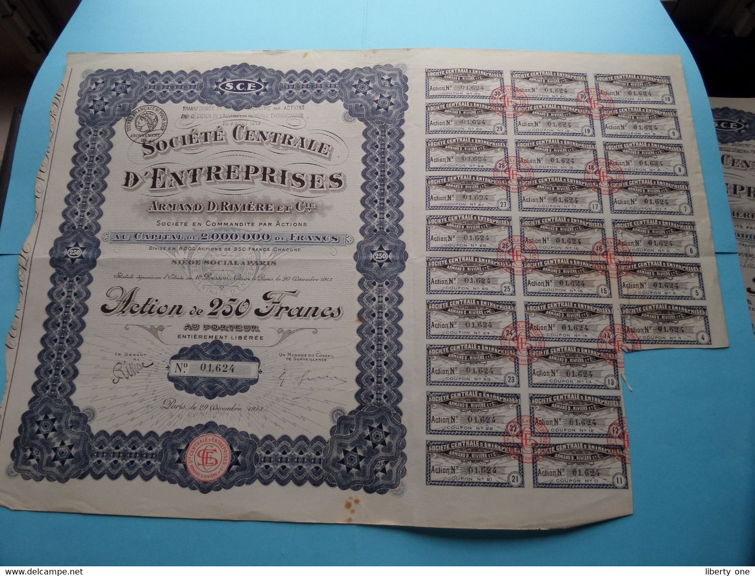 S.C.E. Armand D. Rivière & Cie / D'ENTREPRISES Paris 1913 ( Voir / See SCANS ) Numéro 01,624 > Action 250 Fr.! - S - V