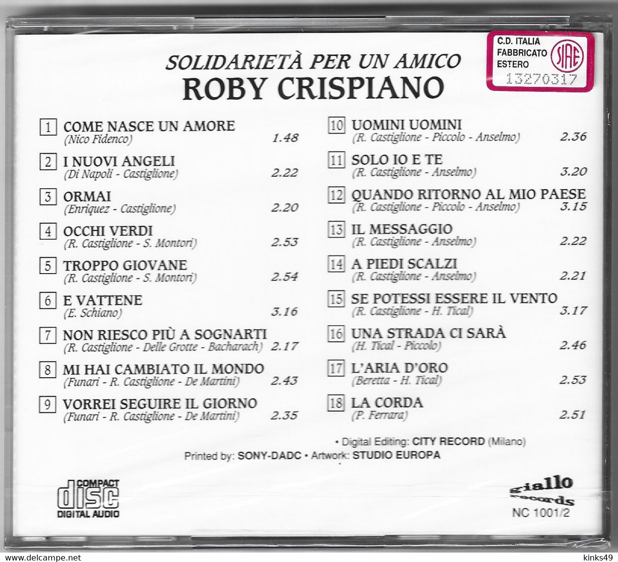 ROBY CRISPIANO : Solidarietà Per Un Amico / CD SIGILLATO / 1994 Giallo Records - Autres - Musique Italienne