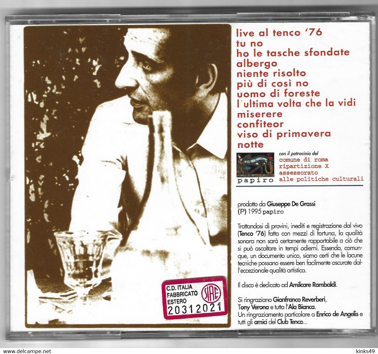 PIERO CIAMPI : Live Al Tenco '76, Inediti E Provini / PAPIRO 1995 - Autres - Musique Italienne