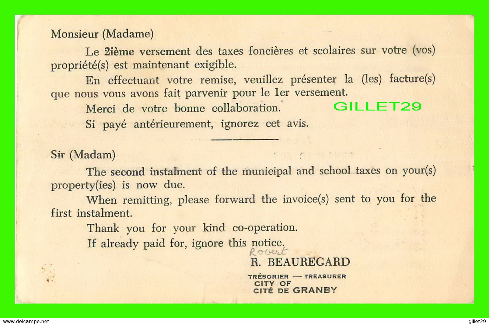 GRANBY, QUÉBEC - AVIS DE TAXE FONCIÈRES PAR ROBERT BEAUREGARD, TRÉSORIER - CIRCULÉE EN 1964 - - Granby