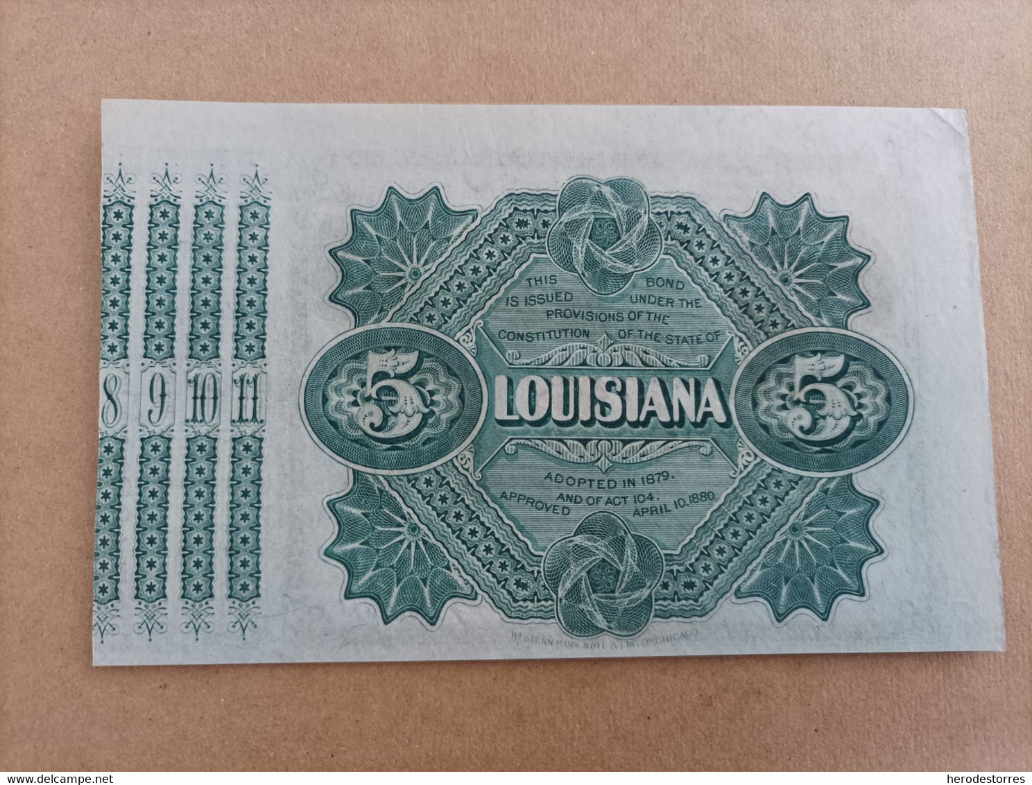 Billete De Estados Unidos De Lousiana De 5 Dólares De 1875, AUNC, Muy Raro - Te Identificeren