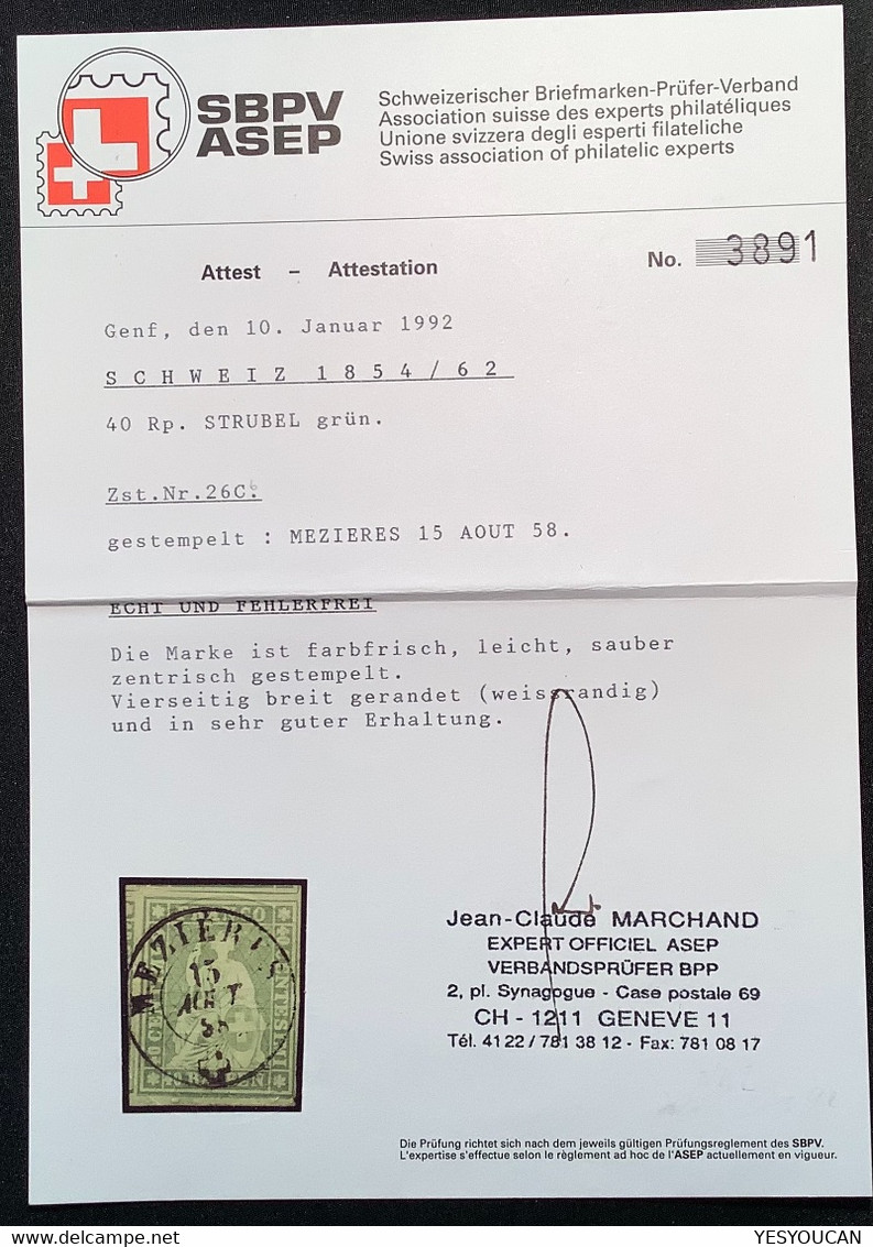 ATTEST MARCHAND: Zst 26C LUXUS VOLLSTEMPEL MEZIÉRES VD 1854-62 40Rp Strubel  (Schweiz Suisse Switzerland SUPERB GEM Cert - Oblitérés