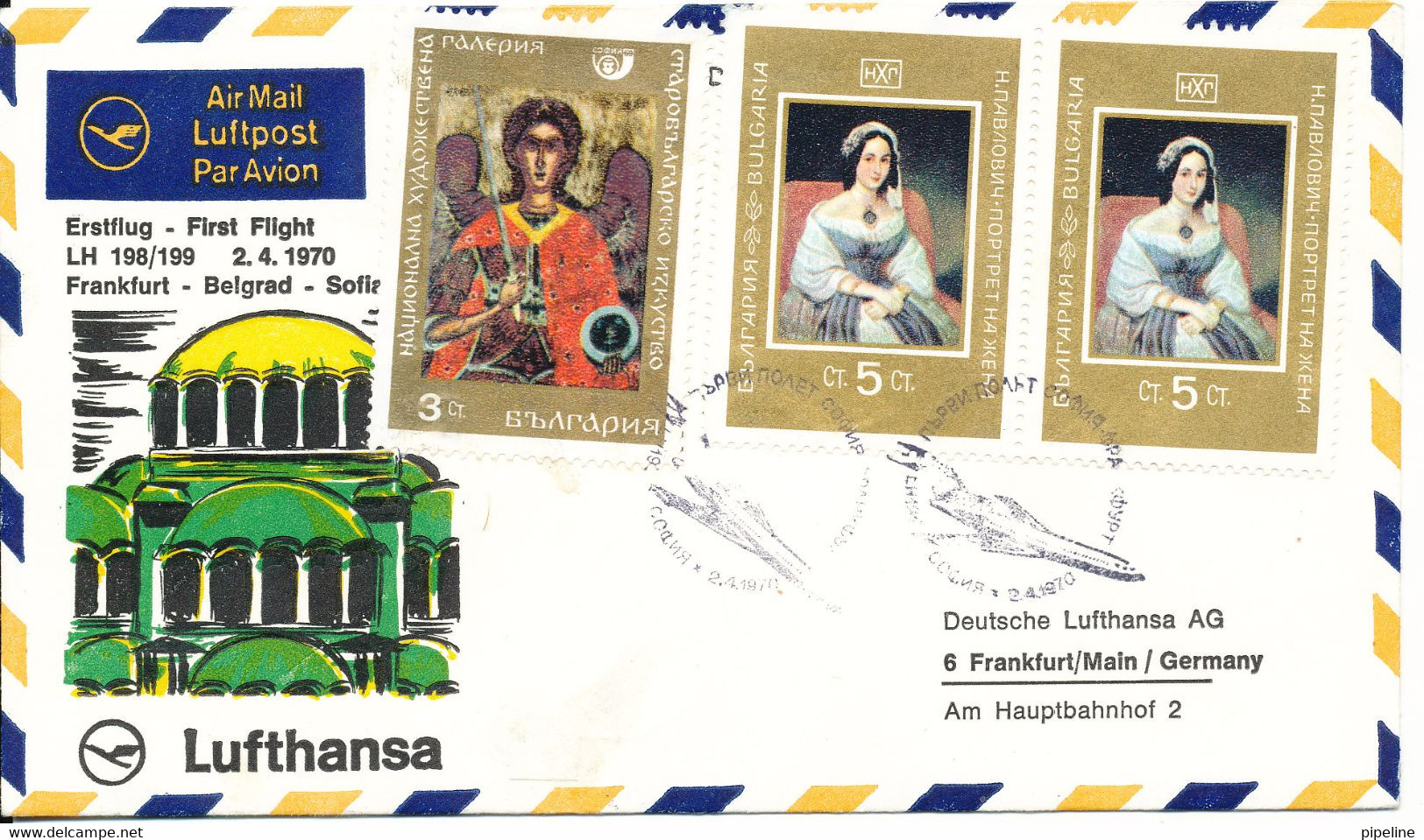 Bulgaria Cover First Flight Lufthansa LH 198/199 Frankfurt - Belgrad - Sofia 24-1970 (stains On The Cover) - Lettres & Documents