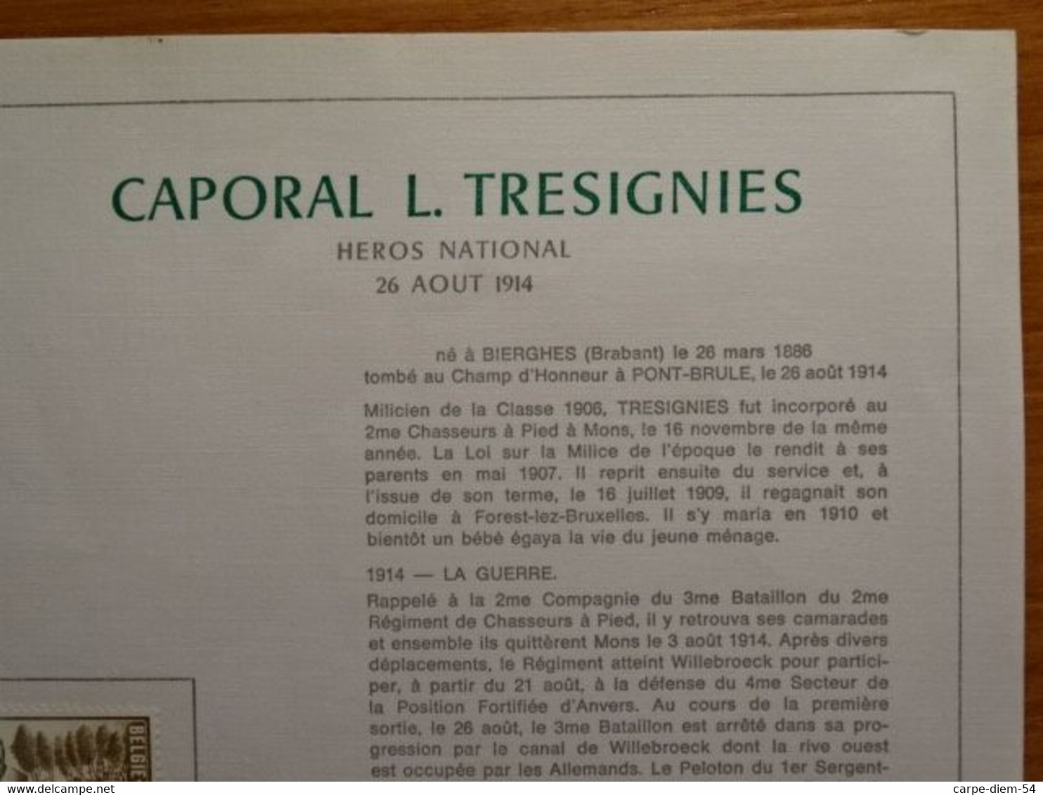 Belgique - Feuillet De Luxe - Caporal L. Tresignies - Heros National - 26/08/1914 - Luxuskleinbögen [LX]