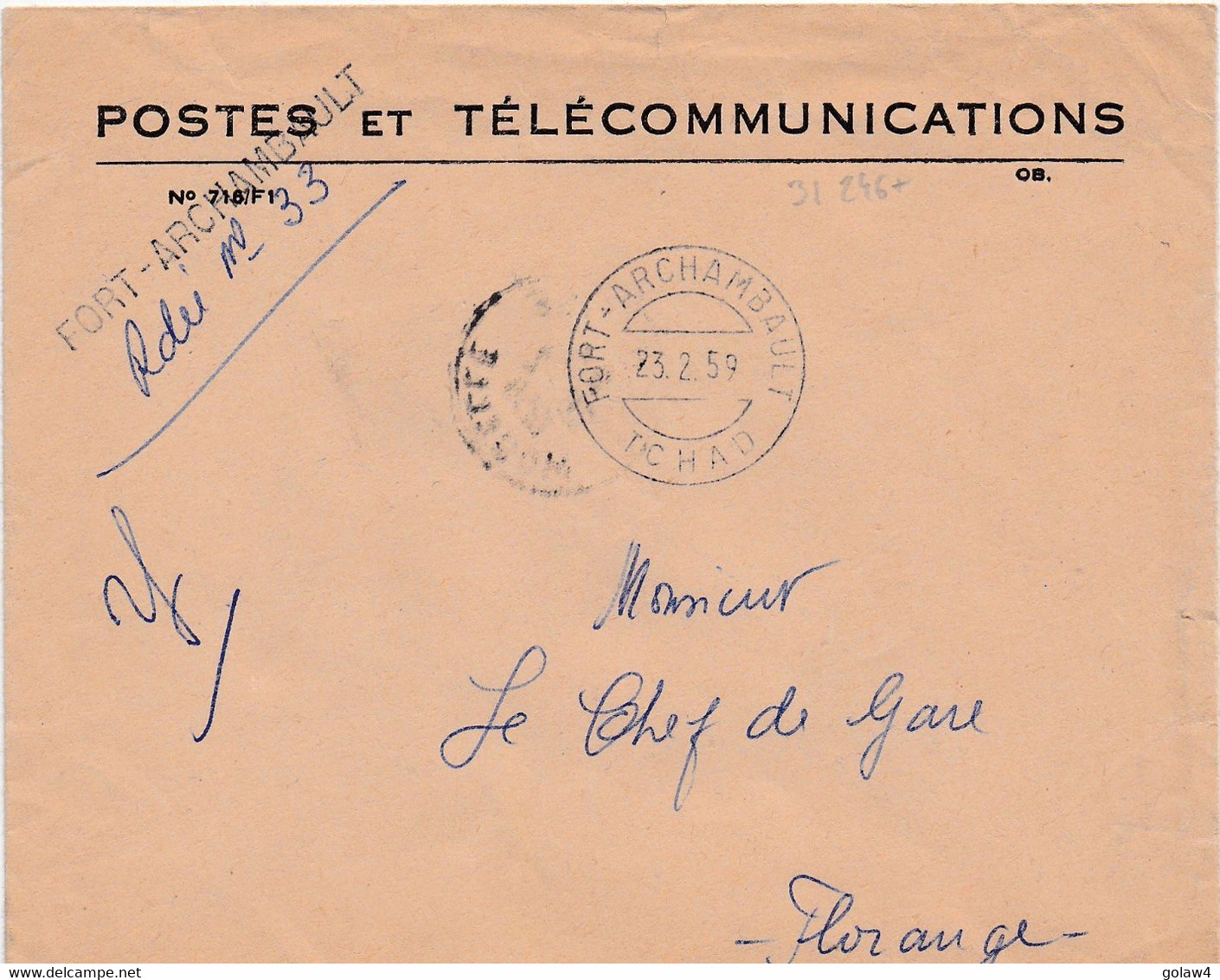 31246# ENVELOPPE POSTES TELECOMMUNICATIONS FRANCHISE RECOMMANDE FORT ARCHAMBAULT TCHAD 1959 FLORANGE MOSELLE - Lettres & Documents