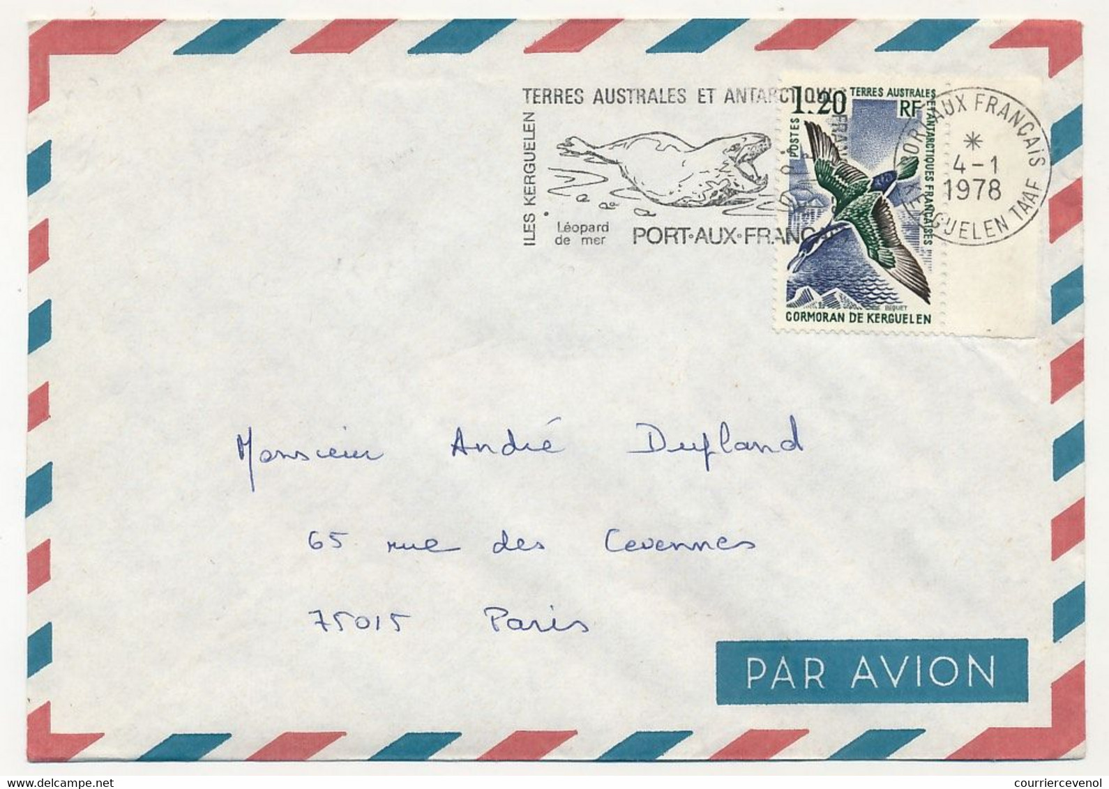 TAAF - Env. Affr.1,20F Cormoran De Kerguelen - OMEC Port Aux Français-Kerguelen (Léopard De Mer) 4/1/1978 - Cartas & Documentos