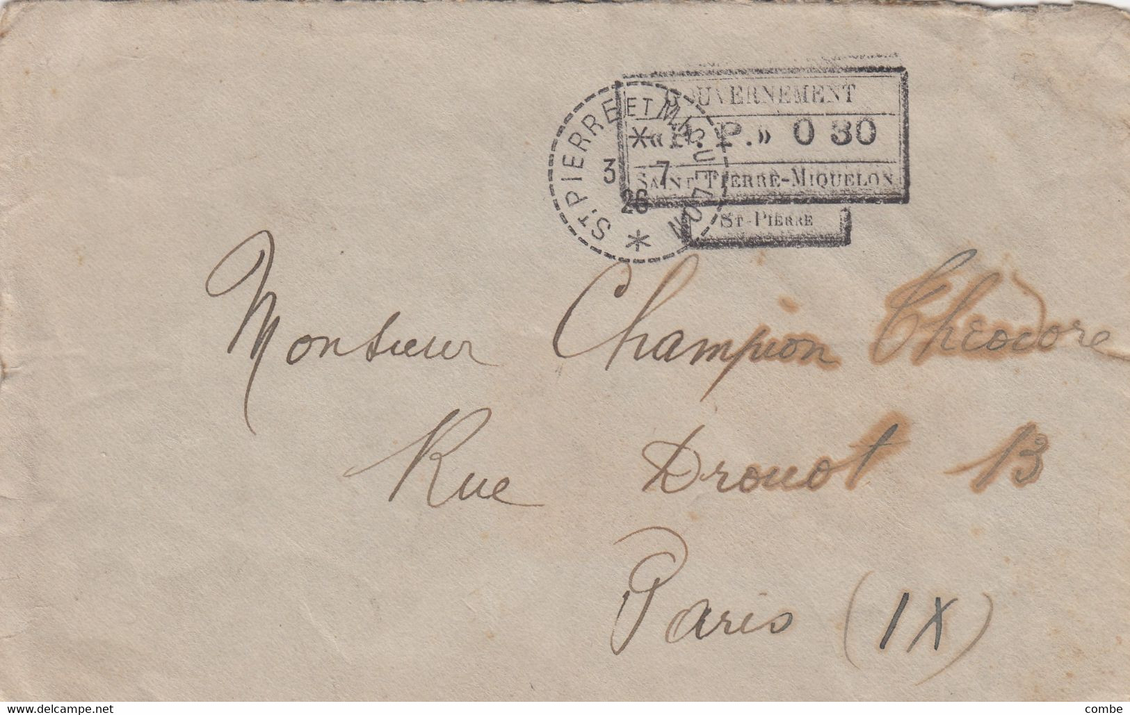 LETTRE. ST PIERRE ET MIQUELON. P.P.30. ST PIERRE. 3 JUIL 1926. POUR PARIS - Brieven En Documenten