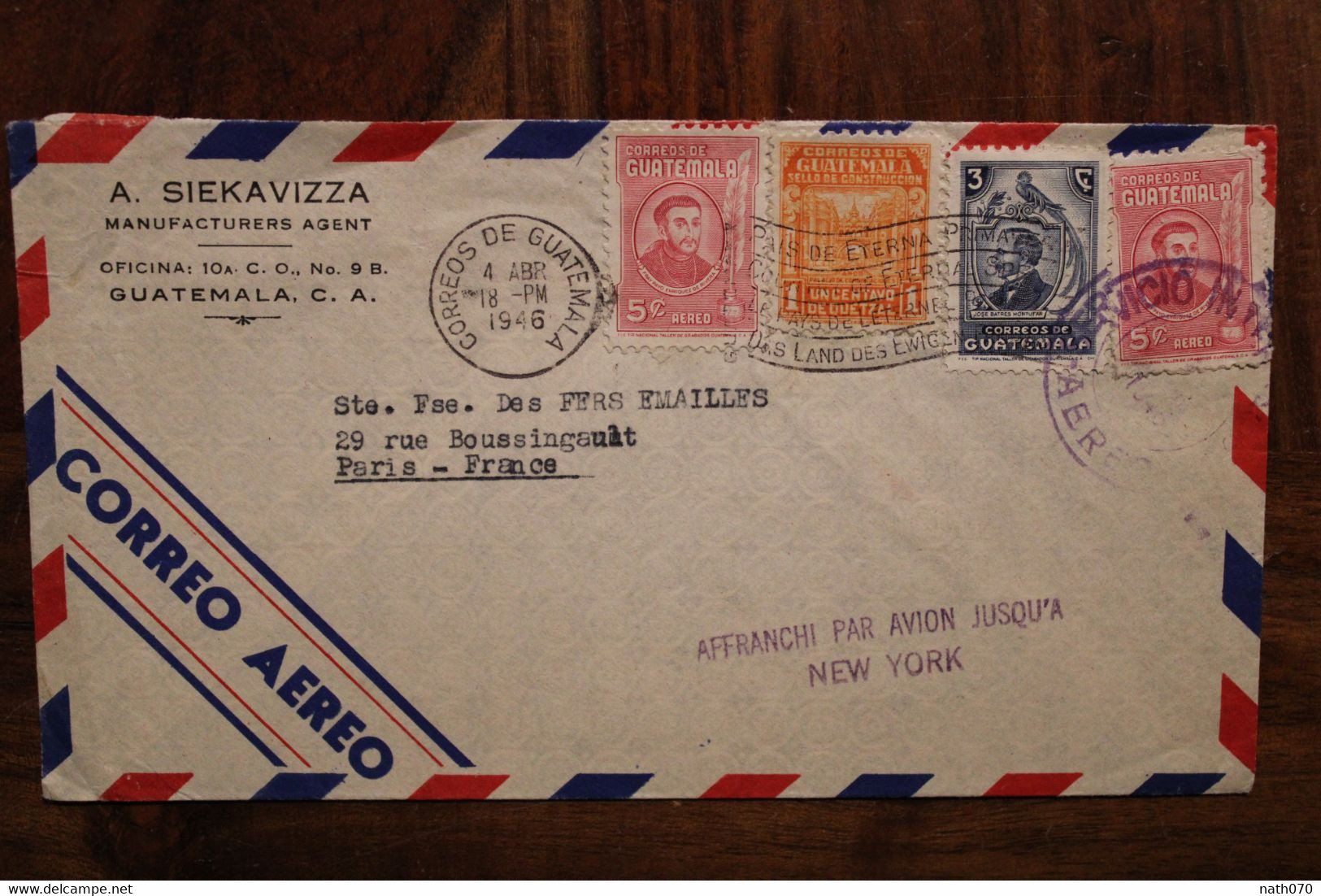 1946 Guatemala Air Mail Cover Correo Aereo Affranchi Par Avion Jusqu'à New York - Guatemala