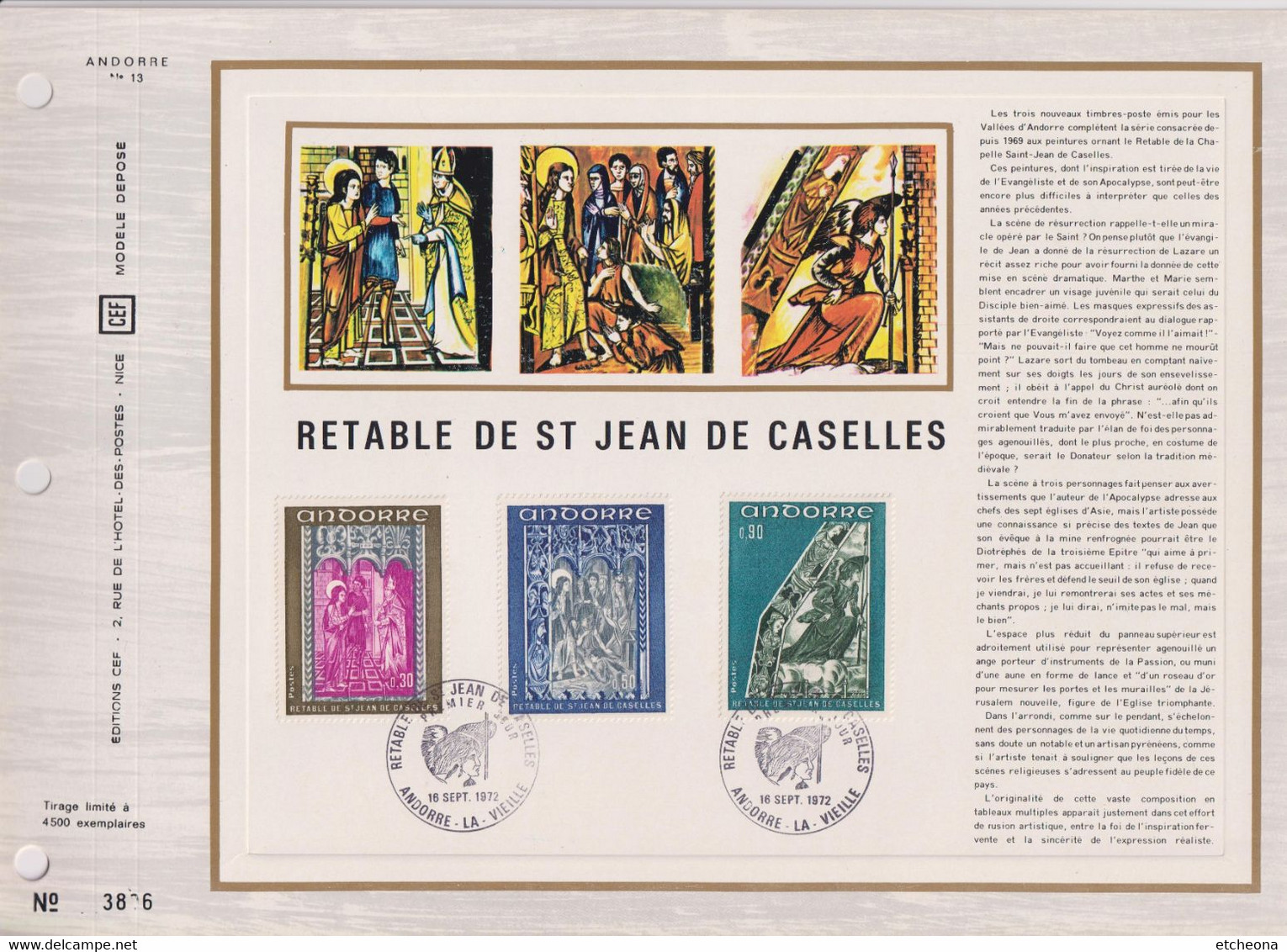 Panneaux Rétable Saint Jean De Caselles N°221 222 223  Andorre La Vieille 16 Septembre 1972 Encart Perforé 1er Jour - Covers & Documents