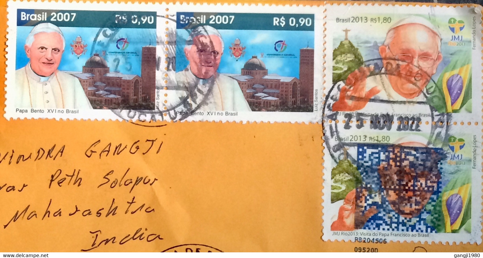 BRAZIL 2022, COVER USED TO INDIA, REGISTER , 2007, 2013, RELIGION, POPE VISIT STAMP, BOTUCATU CITY &  MAP BLUE METER CAN - Covers & Documents