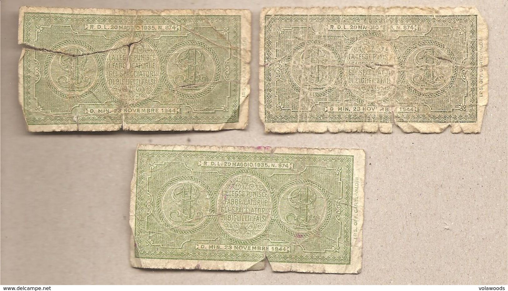 Italia - Banconote Circolate Da 1 Lira "Italia Laureata" Tutti E Tre I Decreti - 1944 - Collections