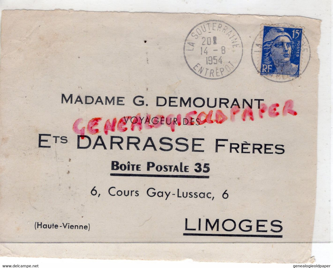 23-LA SOUTERRAINE - ENVELOPPE MME G. DEMOURANT VOYAGEUR DES ETS. DARRASSE FRERES DROGUISTES 6 COURS GAY LUSSAC-LIMOGES - Food