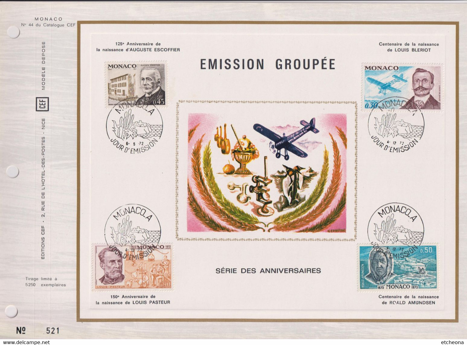 Anniversaires: Escoffier 6 5 72, Pasteur, Blériot, Amundsen N°910 911 912 913 Monaco 4 12 72 Encart Perforé 1er Jour - Lettres & Documents