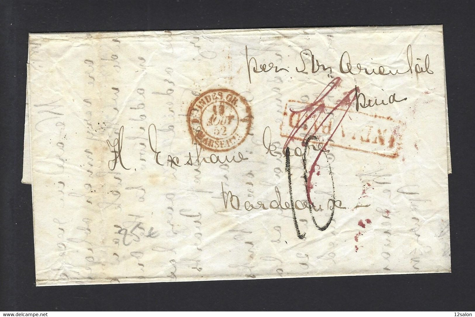 Lettre Entrée Maritime Indes Marseille 1852 De Calcutta - Maritieme Post