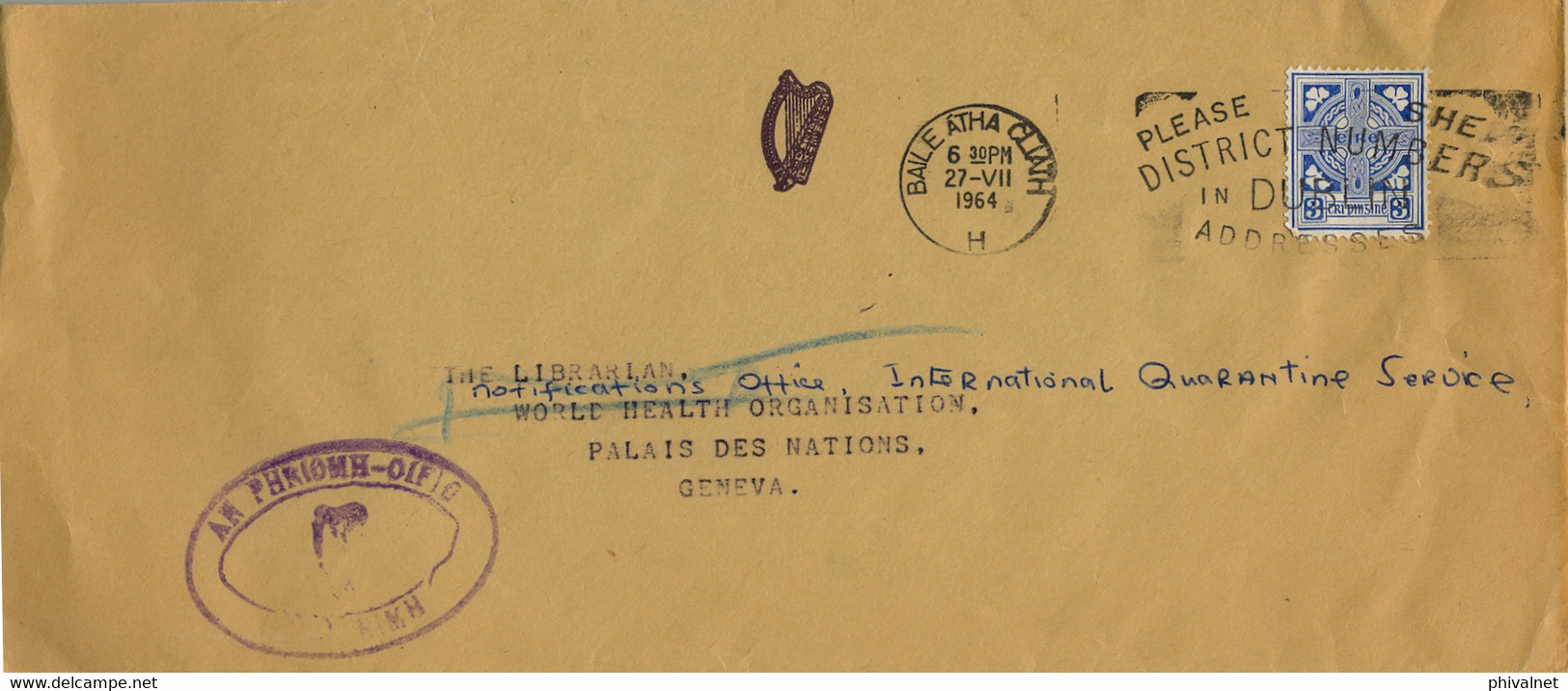 1964 IRLANDA , BAILE ATHA CLIATH - GENEVA , SOBRE CIRCULADO - Covers & Documents