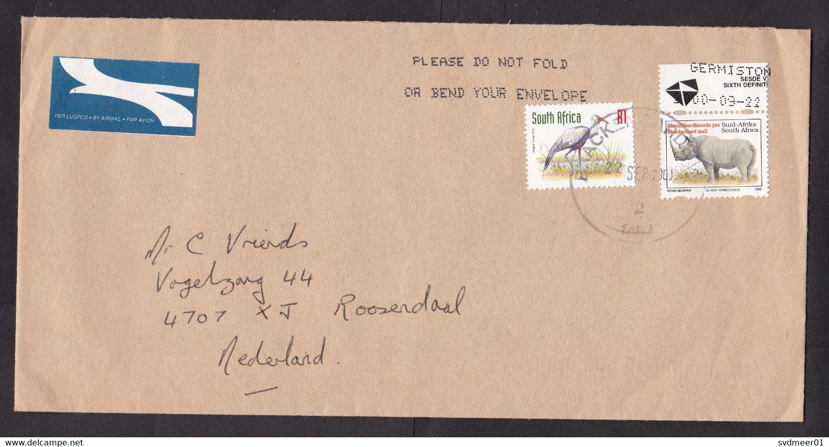 South Africa: Airmail Cover To Netherlands, 2000, 2 Stamps, Rhino, Bird, Air Label, Cancel Black Gardens (tape At Back) - Lettres & Documents