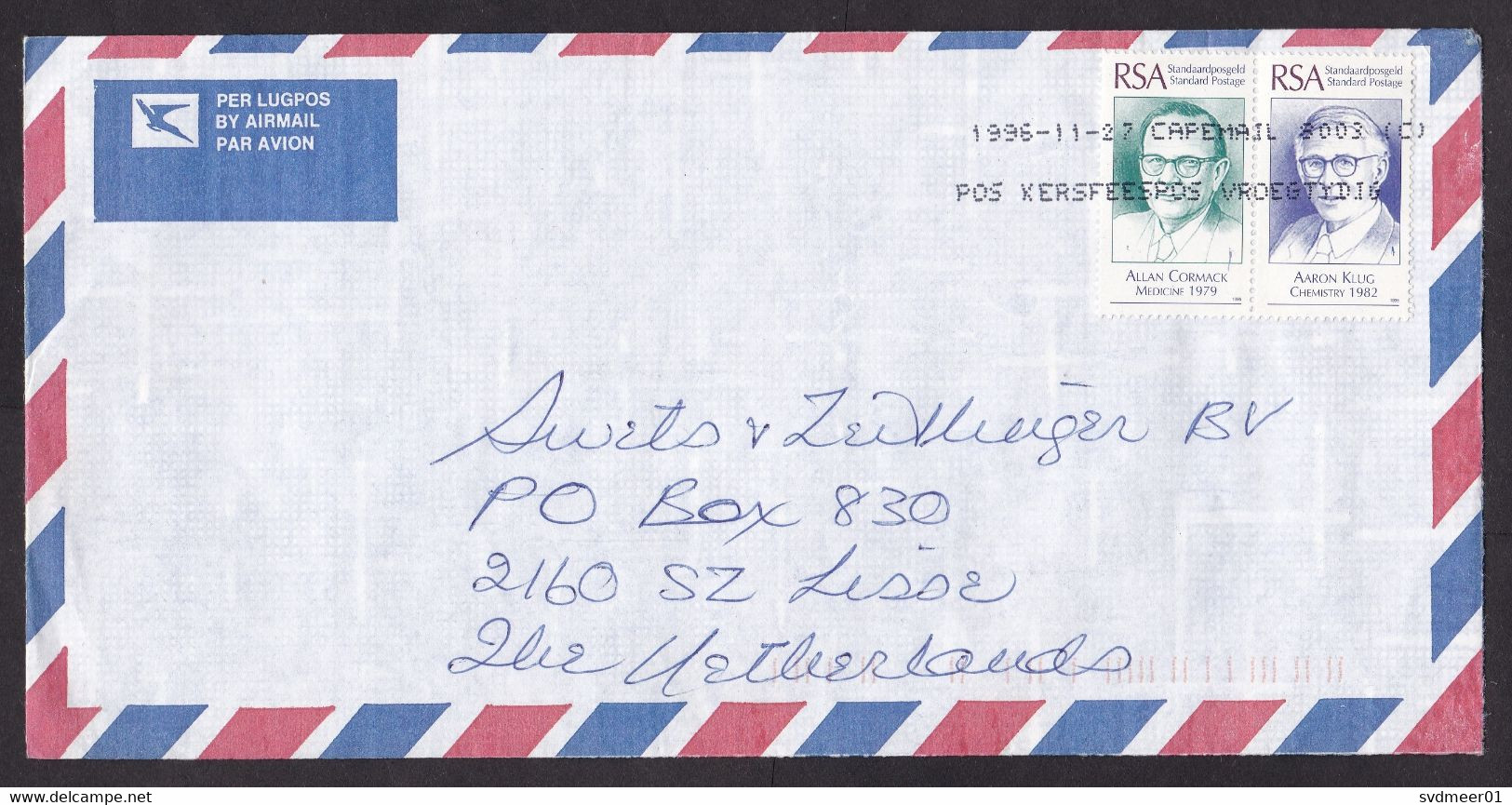 South Africa: Airmail Cover To Netherlands, 1996, 2 Stamps, Nobel Prize Medicine & Chemistry (minor Damage At Back) - Lettres & Documents