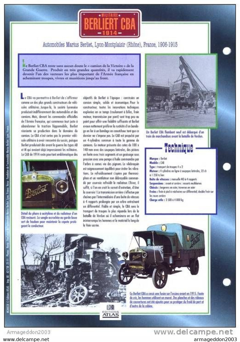 C2/ FICHE CARTONNE CAMION MILITAIRE FRANCE 1914 BERLIET CBA - LKW