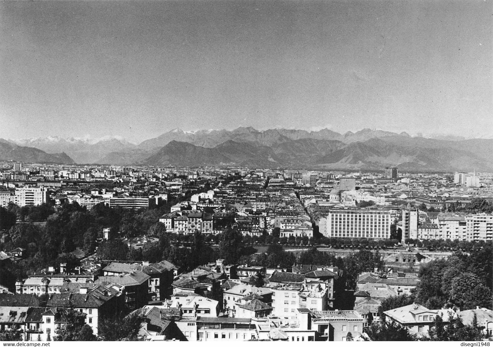 011854 "TORINO E LE ALPI - PANORAMA CON SEDE CENTRALE RIV-SKF E FORESTERIA"  CART. ILLUSTR. ORIG. NON SPED. - Multi-vues, Vues Panoramiques