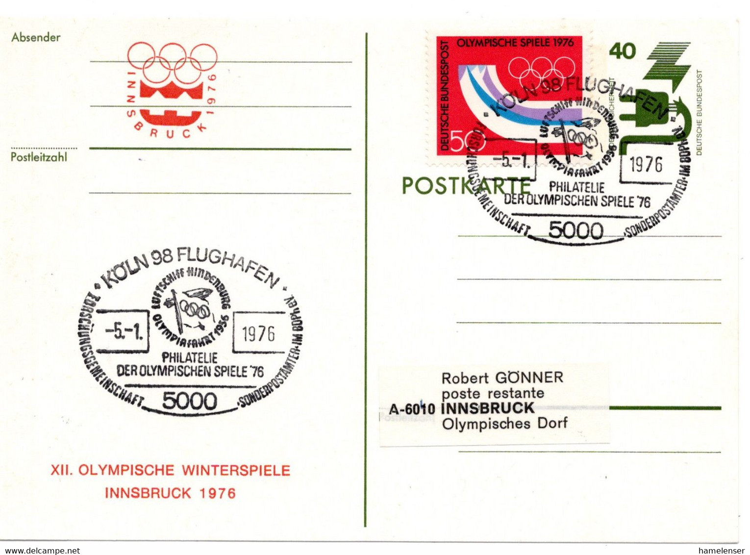 56423 - Bund - 1976 - 40Pfg Unfall GAKte M ZusFr SoStpl KOELN - ... OLYMPISCHE SPIELE '76 -> INNSBRUCK (Oesterreich) - Winter 1976: Innsbruck