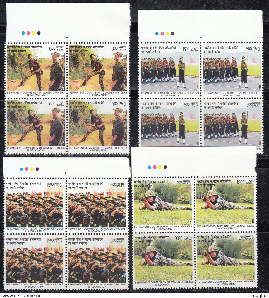 Block Of 4, T/L, Set Of 4, Permanent Commission To Women Officers  Indian Army Defence, India MNH 2022 - Blocks & Kleinbögen