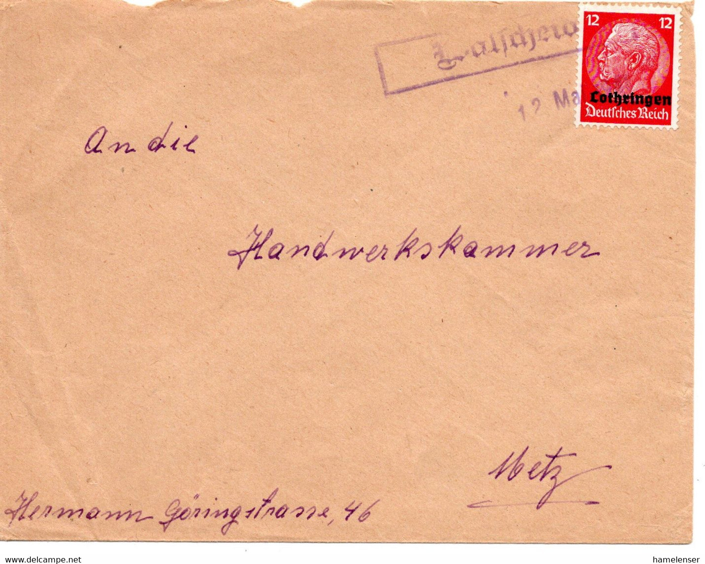 56429 - Deutsches Reich / Besetzung Lothringen - 1941 - 12Pfg Hindenburg EF A Bf Notstpl WALSCHEID -> Metz - Briefe U. Dokumente