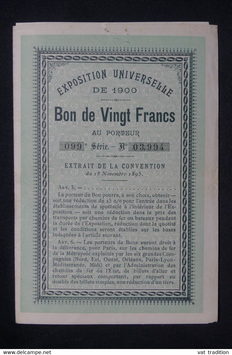 VIEUX PAPIERS  - Bon De 20fr Au Porteur De L'Exposition Universelle De 1900 - L 137385 - D - F