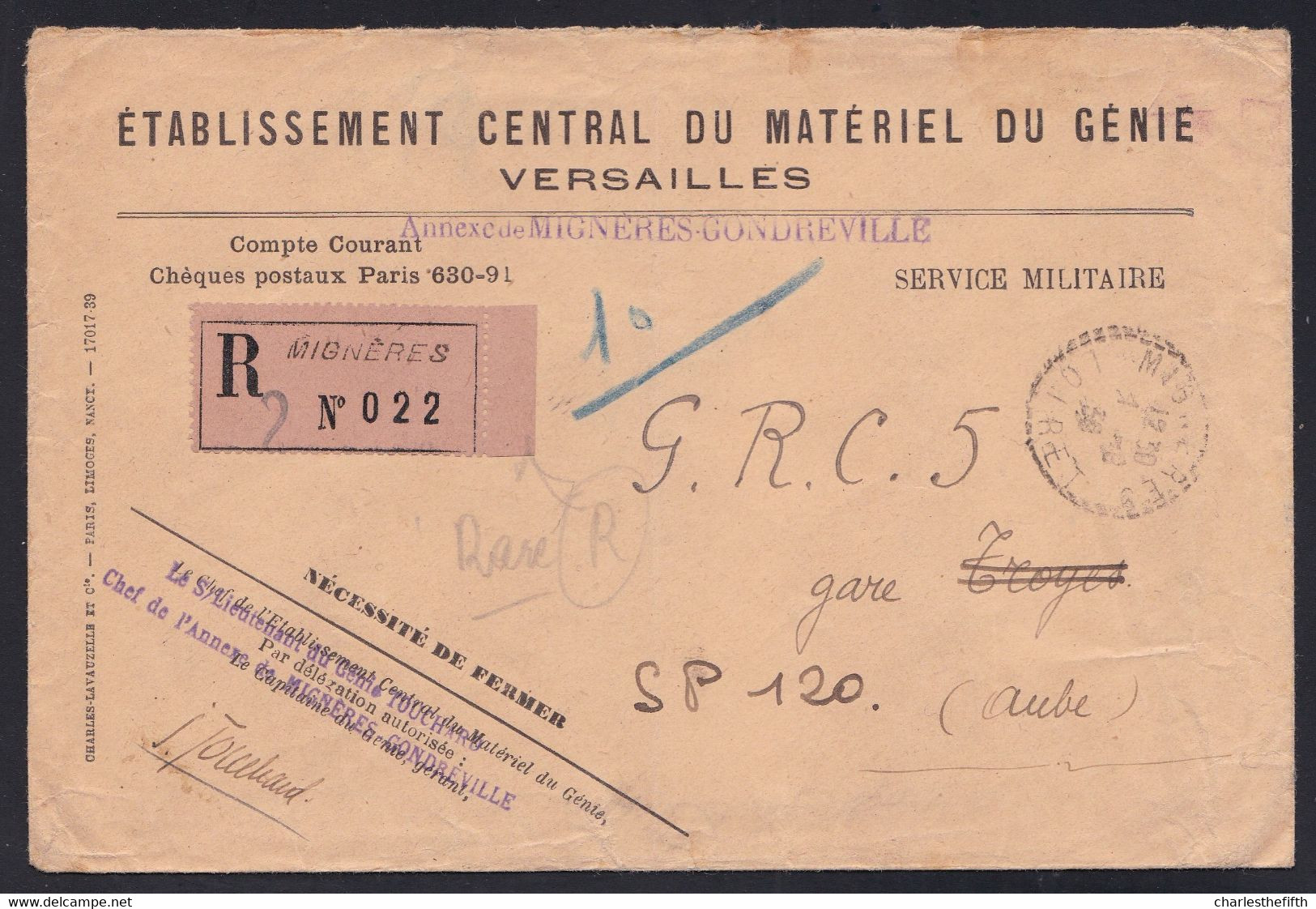 RECOMMANDEE SERVICE MILITAIRE - Genie Versailles ( Griffe Annexe De Mignères Condreville ) Poste Aux Armées 39 - 3 Scans - 2. Weltkrieg 1939-1945