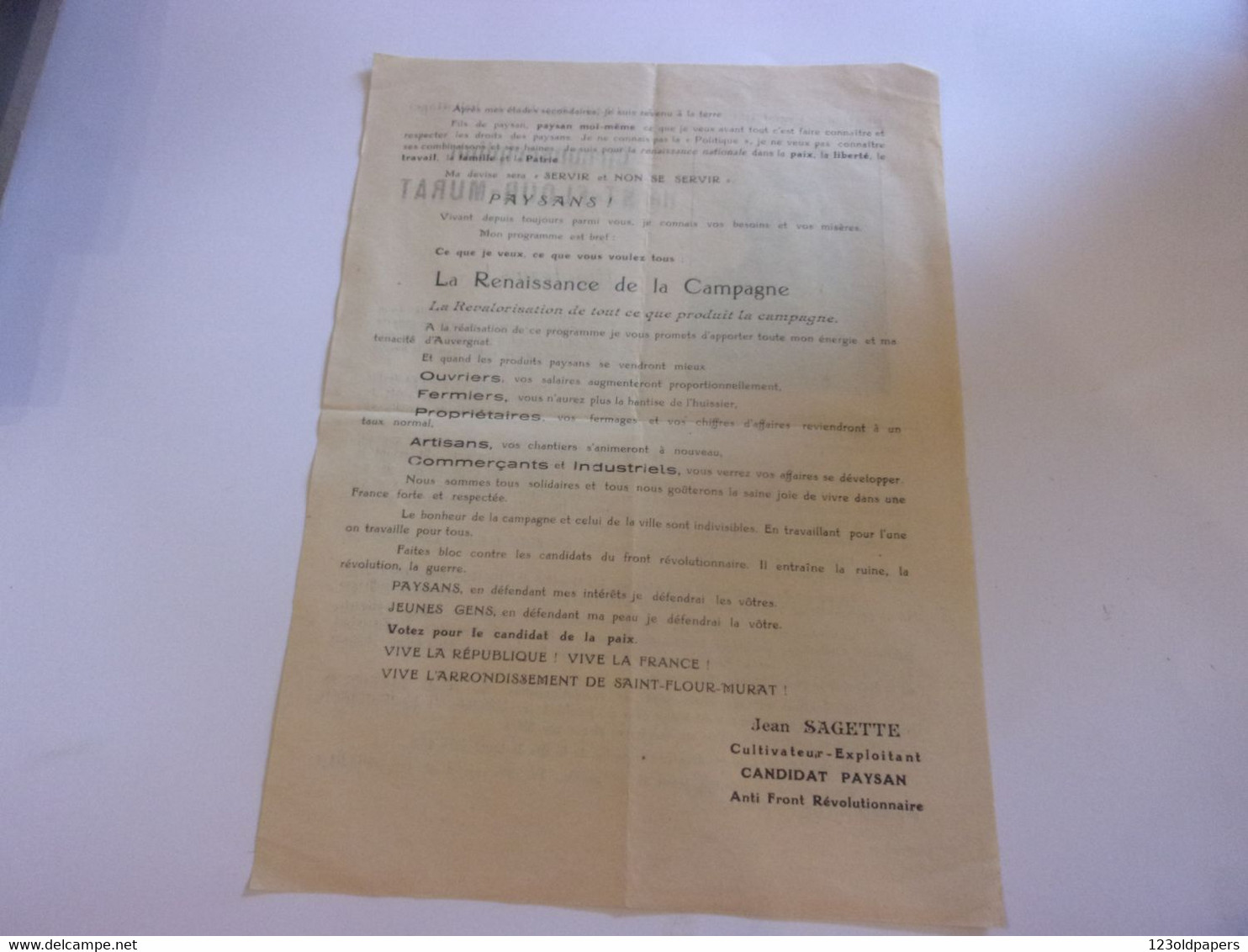 ♥️ LEGISLATIVES 1936 JEAN SAGETTE FARGES DE CUSSAC SAINT FLOUR MURAT CANDIDAT PAYSAN DE CASTELLANE ANTI REVOLUTIONNAIRE - Auvergne