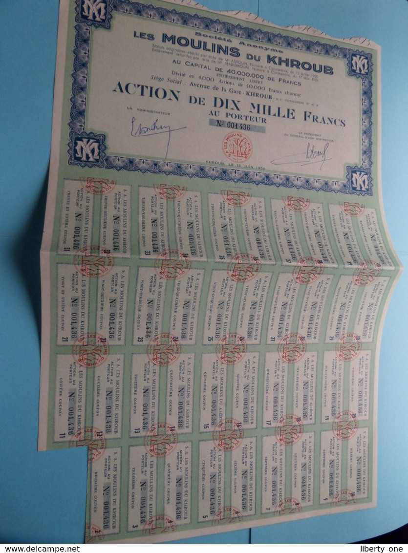 Les MOULINS Du KHROUB Constantine ( Voir / Zie Scan ) Action De DIX MILLE Francs > N° 001436 ! - J - L