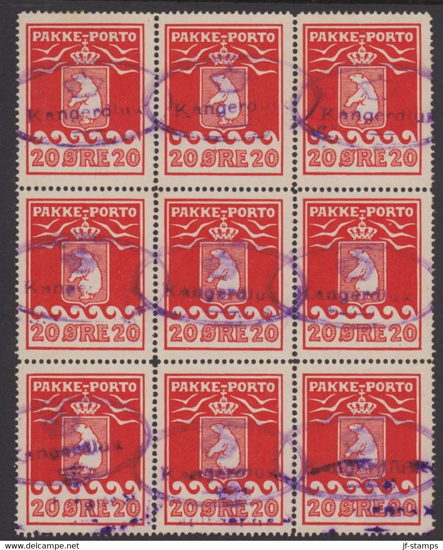 1915. GRØNLAND. PAKKE-PORTO. 20 øre Red. Thiele. Perf 11 ½. Beautiful 9-block Cancelled Kanger... (Michel 9A) - JF528323 - Spoorwegzegels