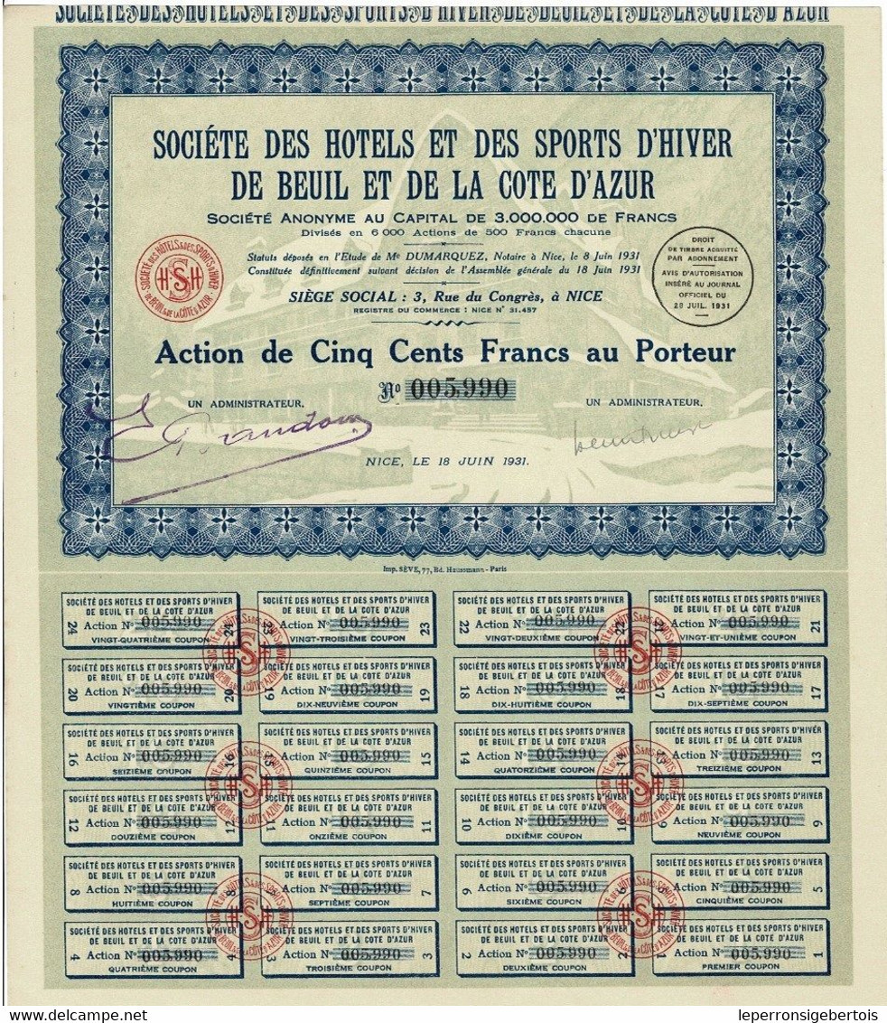 - Titre De 1931 - Société Des Hôtels Et Des Sports D'Hiver De Beuil Et De La Côte D'Azur - - Tourism