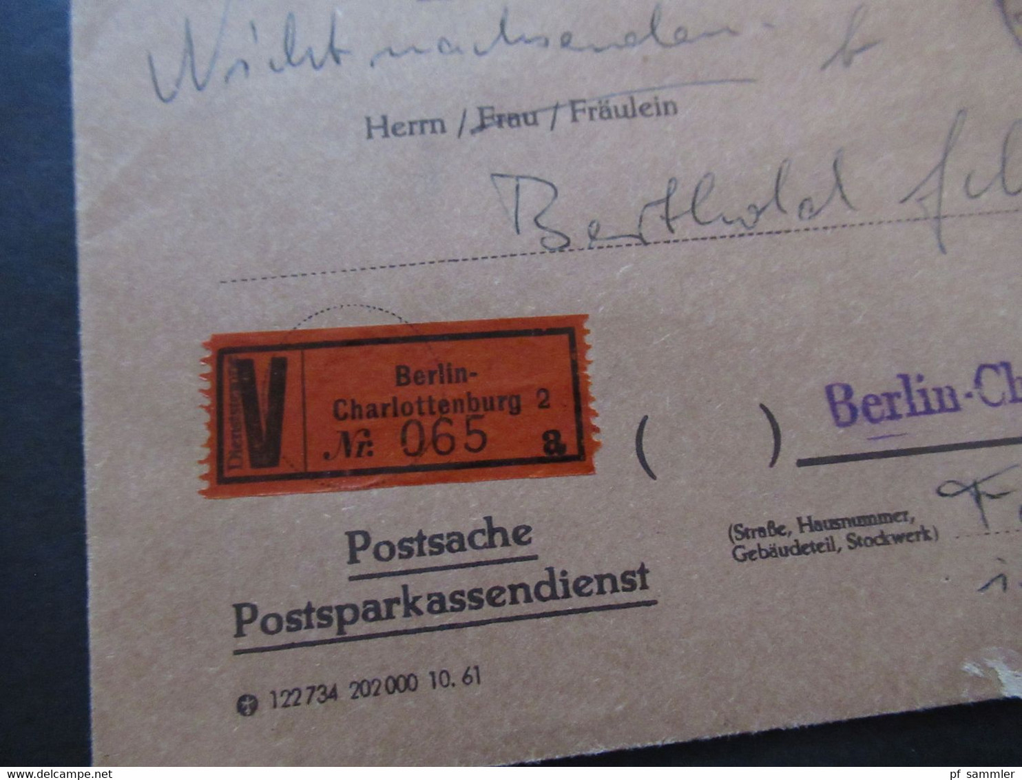 Berlin (West) 1962 Wertbrief V-Zettel Berlin Charlottenburg 2 Postsache Postsparkasendienst Postsparbuch Wert 500 DM - Brieven En Documenten