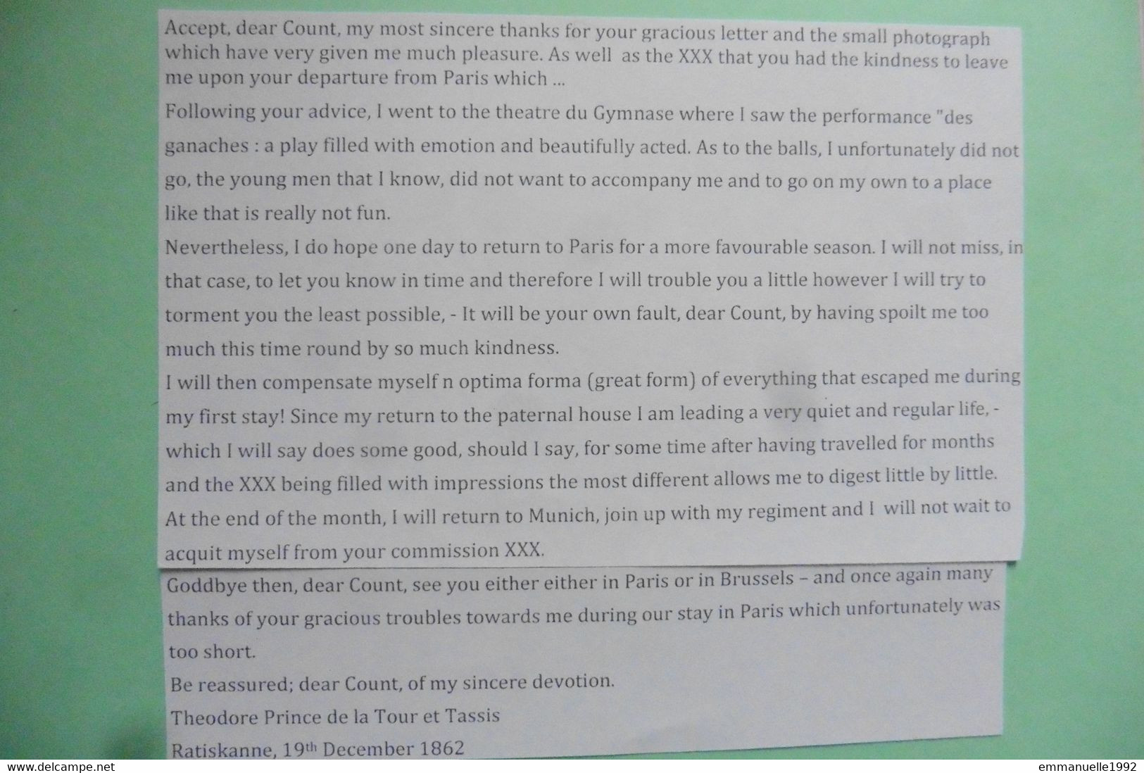 Lettre Autographe 3 pages 1862 Prinz Theodore von Thurn und Taxis Prince Tours et Taxis oncle Paul ami Louis II Bavière