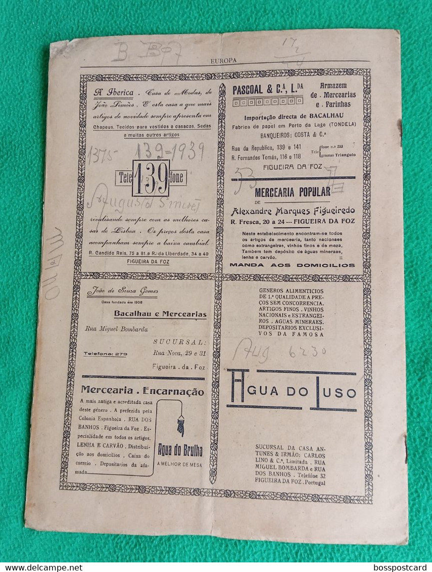 Figueira da Foz - Revista "Europa" Nº 3 de 15 de Maio de 1925 - Publicidade - Comercial. Coimbra. Portugal.