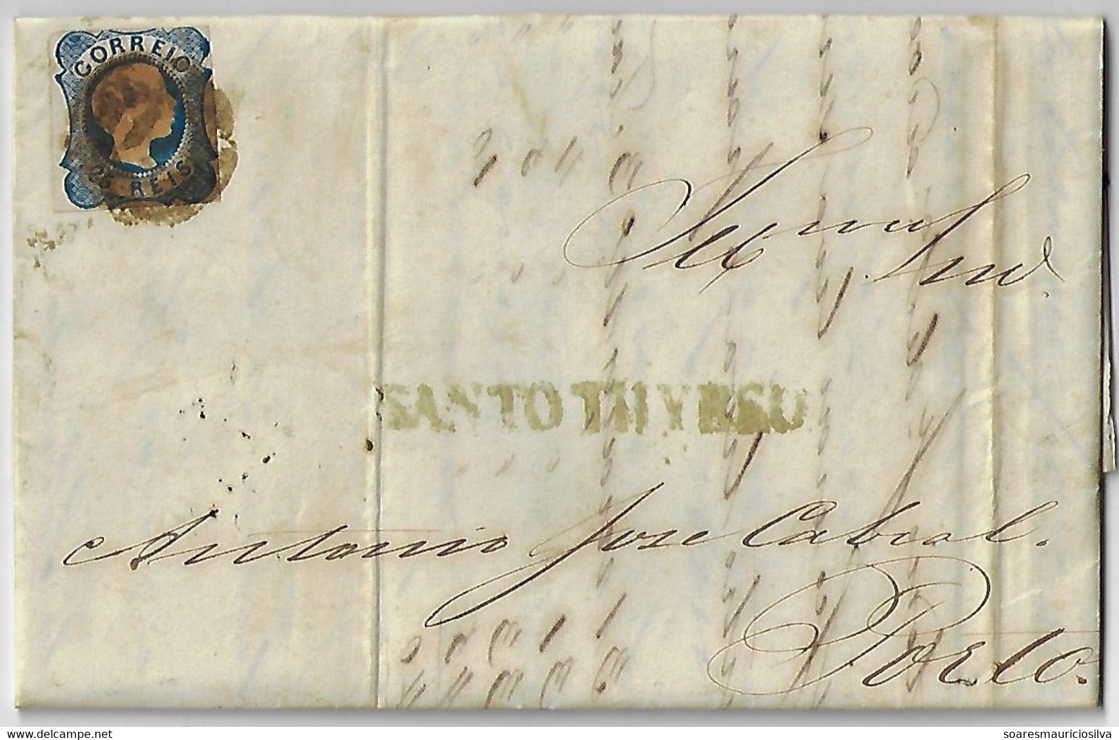 Portugal 1855 Fold Cover Sent From Santo Thirso Or Saint Thyrsus (November 11th) To Porto Stamp King Dom Pedro V 25 Réis - Briefe U. Dokumente