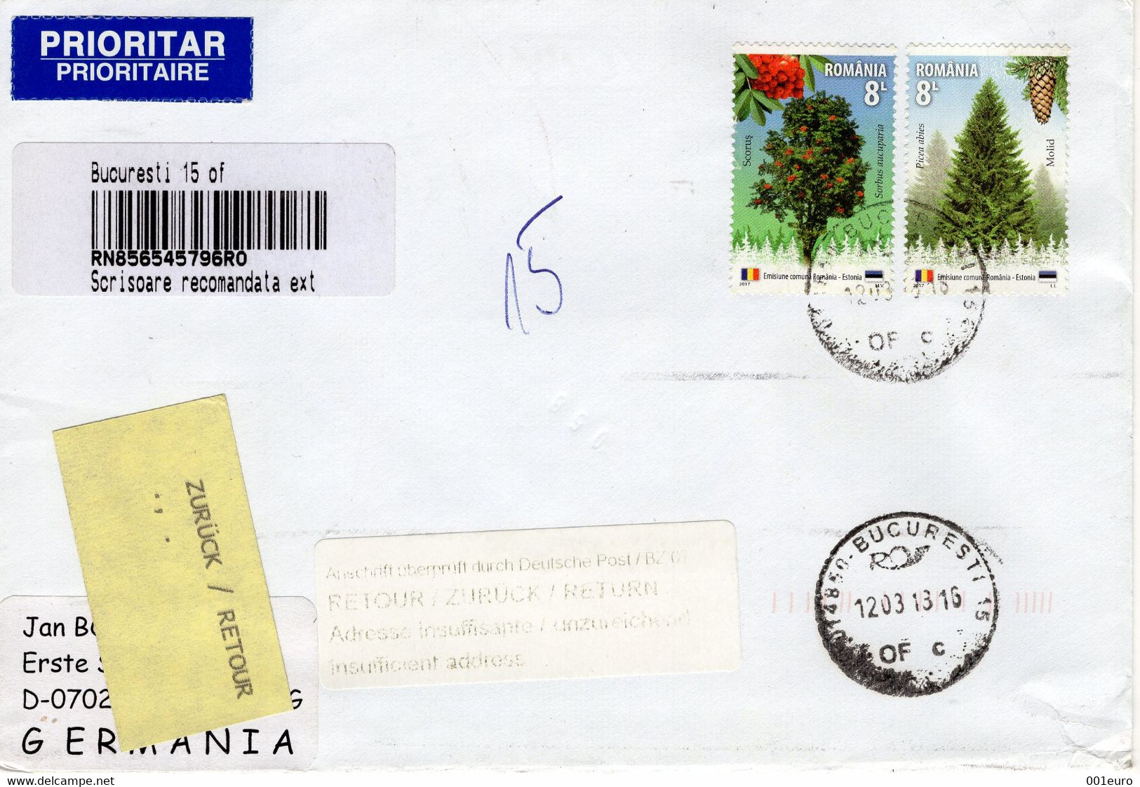 ROMANIA  2017 : JOINT ISSUE ROMANIA - ESTONIA Returned REGISTERED Cover From GERMANY - Registered Shipping! - Covers & Documents