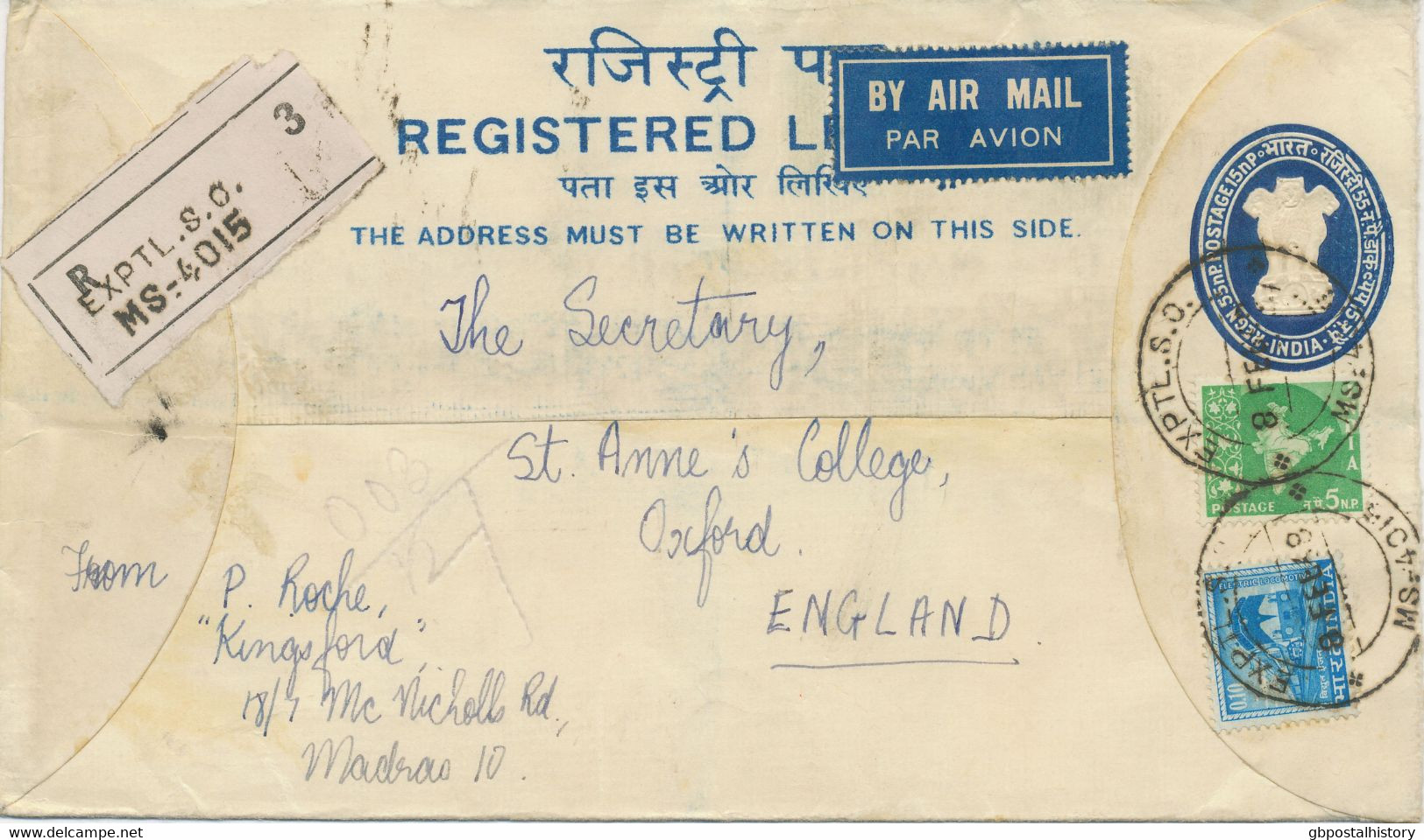 INDIA 1968 55 NP + 15 NP Coat Of Arms Very Fine Registered Postal Stationery Envelope W. Additional Franking By Airmail - Covers & Documents