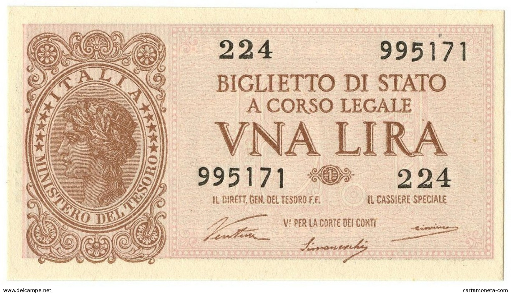 1 LIRA BIGLIETTO DI STATO LUOGOTENENZA UMBERTO VENTURA 23/11/1944 FDS - Andere